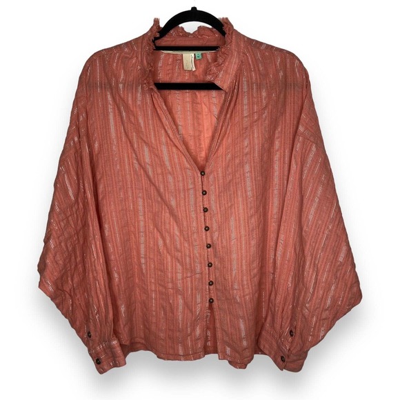 Pilcro Tops - Pilcro Anthropologie The Tavi Ruffled Button Blouse Plus Size 1X Pink Silver EUC